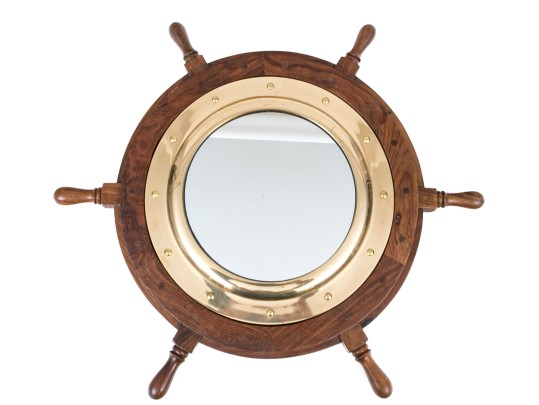 Vintage Teak Framed Ship Wheel Form Mirror