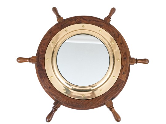 Vintage Teak Framed Ship Wheel Form Mirror