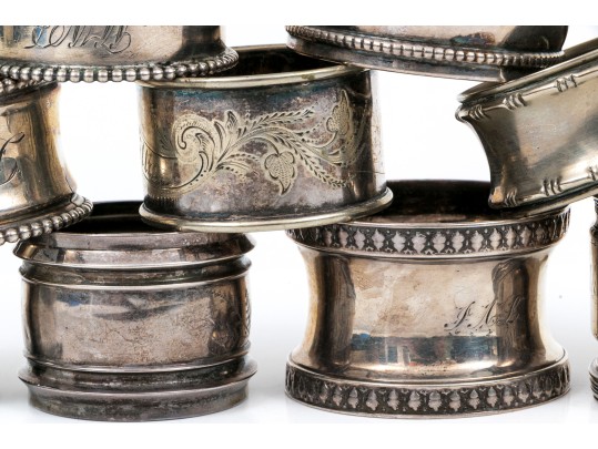 Lot Of Ten Fun Assorted Sterling Silver, Coin Silver And Silver Plated Napkin Rings