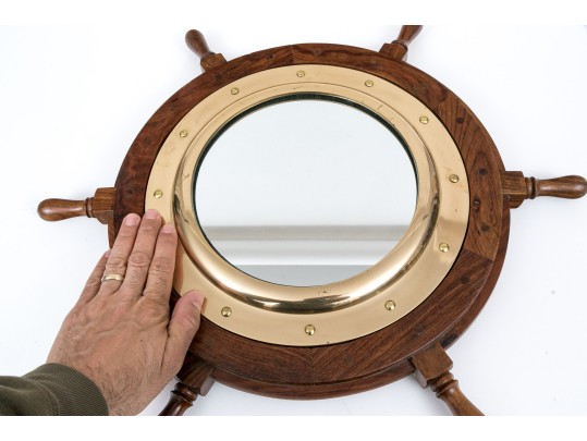 Vintage Teak Framed Ship Wheel Form Mirror