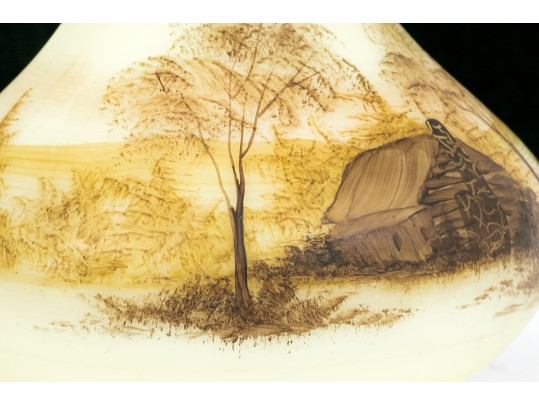 Fenton Uranium Glass Vase With Hand Painted Cabin Scene 