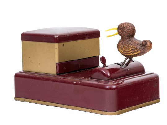 Fun Vintage Bird Motif Maroon And Gold Tone Vintage Cigarette Dispenser