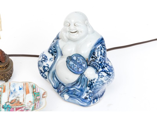 Complimentary Lamp, Buda Figure And Dresser Top Dish.