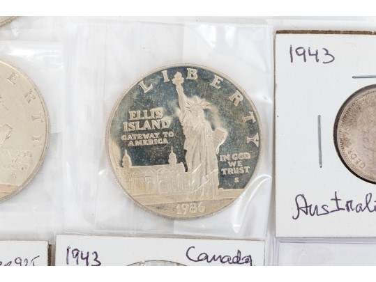 Collection Of Domestic And International Coins With Sterling Commemorative Stamp