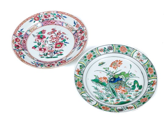 Pair Of Complementary Chinese Famille Rose And Famille Verte Export Style Dishes