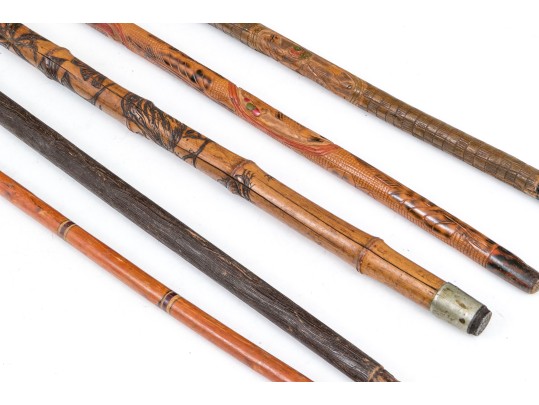 Lot Of Five Assorted Canes And Walking Sticks, Assorted Carved And Painted Or Stained Woods