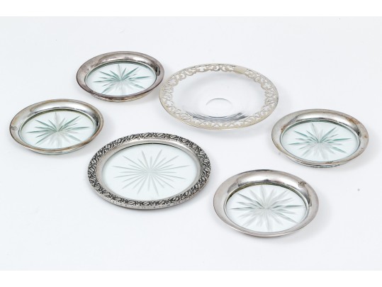 Lot Of Lovely Assorted Vintage Sterling And Glass Coasters And A Silver Overlay Plate
