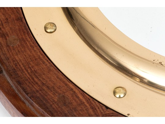 Vintage Teak Framed Ship Wheel Form Mirror