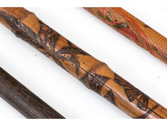 Lot Of Five Assorted Canes And Walking Sticks, Assorted Carved And Painted Or Stained Woods