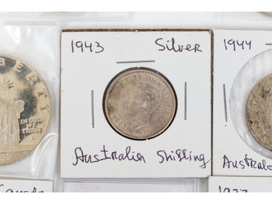 Collection Of Domestic And International Coins With Sterling Commemorative Stamp