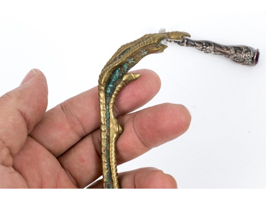 Lot Of Two Vintage Wax Seal Stamps, Silver Repousse And Brass Talon Motifs, With Wax