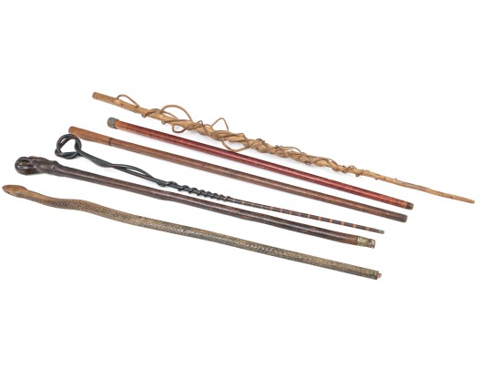 Lot Of Six Assorted Canes, Including Vine Compositions And Snake Motifs