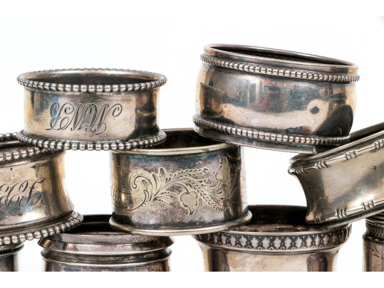 Lot Of Ten Fun Assorted Sterling Silver, Coin Silver And Silver Plated Napkin Rings