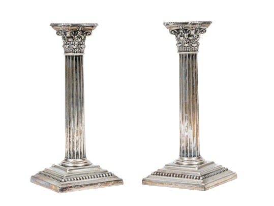 Pair Of Roman Column Style Sterling Candle Sticks