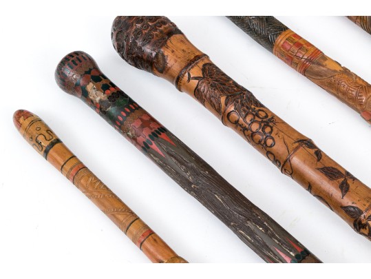 Lot Of Five Assorted Canes And Walking Sticks, Assorted Carved And Painted Or Stained Woods
