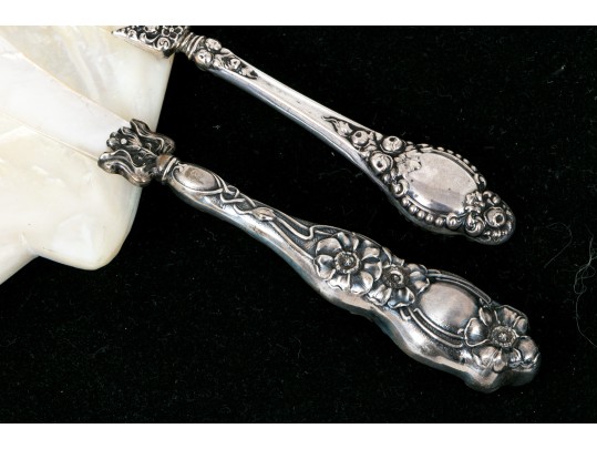 Mother Of Pearl Caviar Plate With Two Sterling Handled Knives