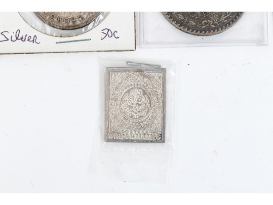 Collection Of Domestic And International Coins With Sterling Commemorative Stamp