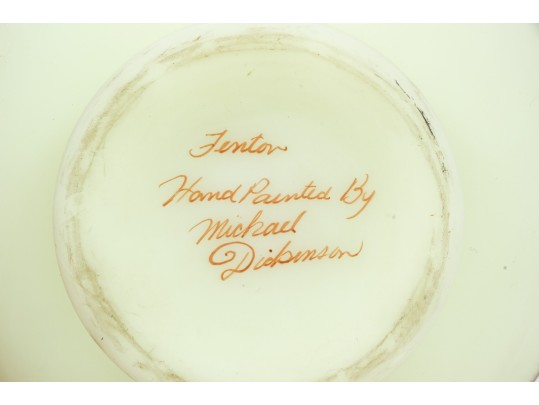 Fenton Uranium Glass Vase With Hand Painted Cabin Scene 