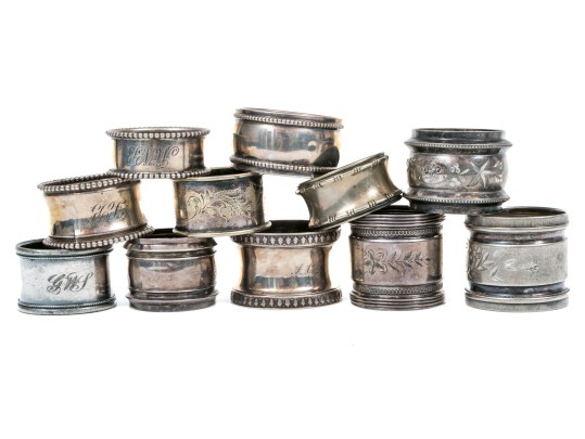Lot Of Ten Fun Assorted Sterling Silver, Coin Silver And Silver Plated Napkin Rings