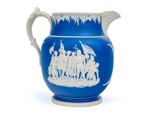 Blue And White High Relief Pitcher Depicting Christopher Columbus