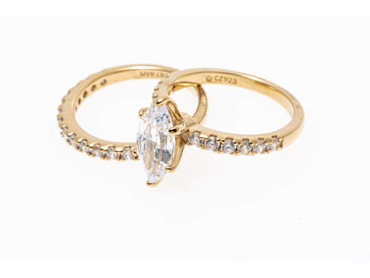 Sterling Vermeil CZ Engagement Ring And Wedding Band Set, Size 7
