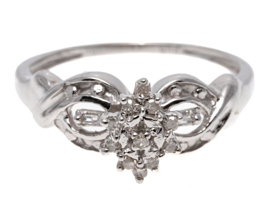 Ornate 10K White Gold Diamond Ring, Size 6.75