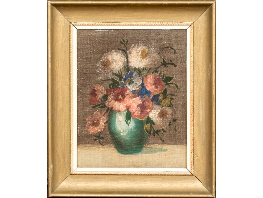 Vintage Oil On Canvas Board, Vase Of Flowers