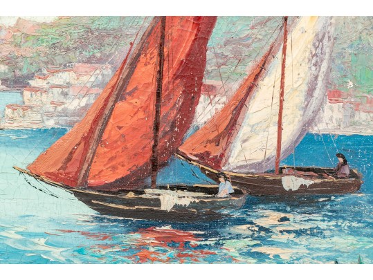 Giovanni Camprio (Italy, 1915-1999) Oil On Canvas, Mediterranean Shore With Sailboats