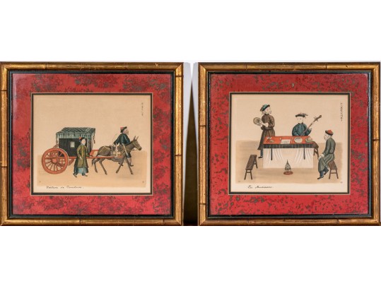 Pair Of Antique French Hand Colored Etchings, Chinese Genre Scenes With Figures
