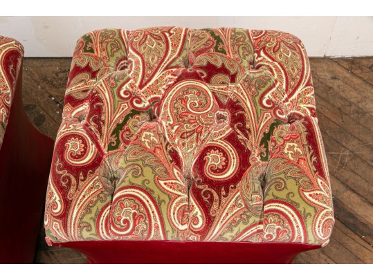 Pair Of Ottomans In Red Leather And Velveteen