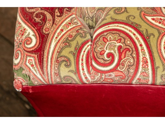 Pair Of Ottomans In Red Leather And Velveteen