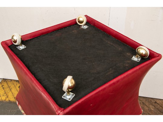 Pair Of Ottomans In Red Leather And Velveteen
