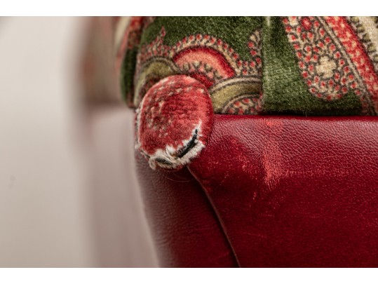Pair Of Ottomans In Red Leather And Velveteen