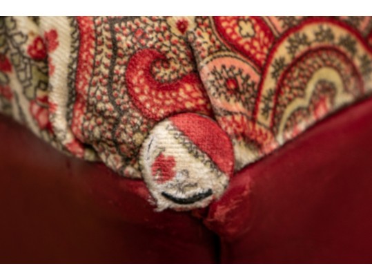 Pair Of Ottomans In Red Leather And Velveteen