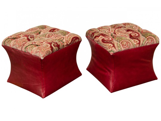 Pair Of Ottomans In Red Leather And Velveteen