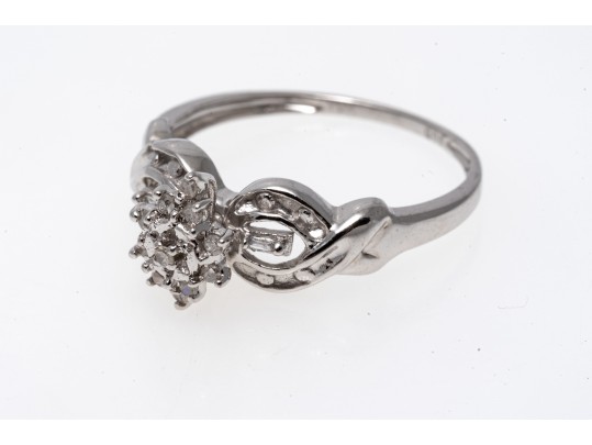 Ornate 10K White Gold Diamond Ring, Size 6.75