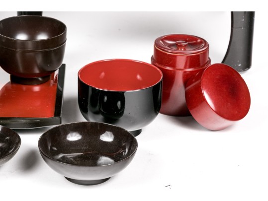 Group Of Asian Lacquered Stands, Cups And Bowls