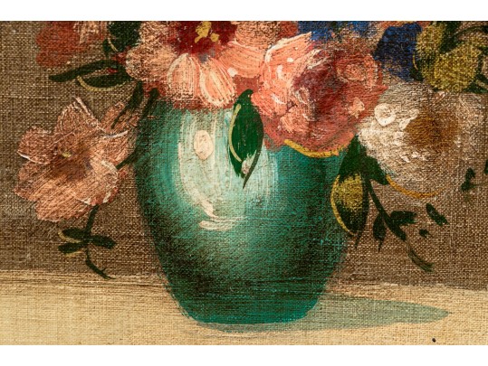 Vintage Oil On Canvas Board, Vase Of Flowers