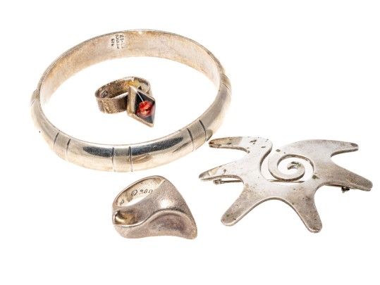 Sterling Bracelet, Brooch And Rings, Sizes 6.5