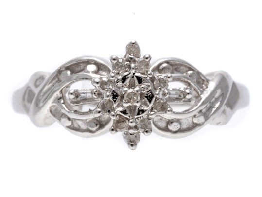 Ornate 10K White Gold Diamond Ring, Size 6.75