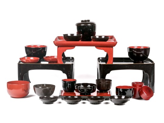 Group Of Asian Lacquered Stands, Cups And Bowls
