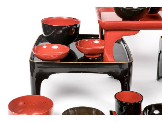 Group Of Asian Lacquered Stands, Cups And Bowls