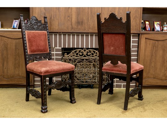 Pair Of Antique Carved Oak Side Chairs 