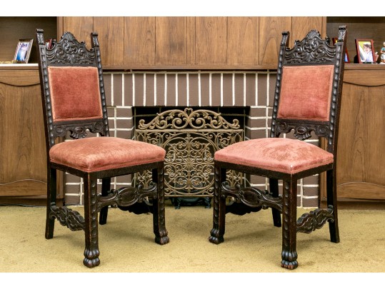 Pair Of Antique Carved Oak Side Chairs 