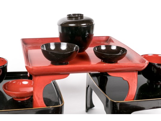 Group Of Asian Lacquered Stands, Cups And Bowls