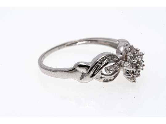 Ornate 10K White Gold Diamond Ring, Size 6.75