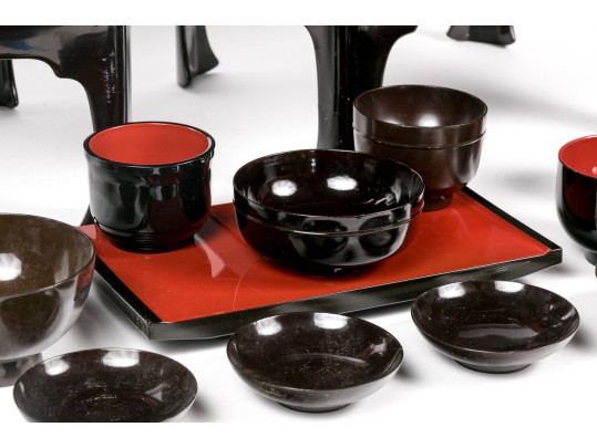 Group Of Asian Lacquered Stands, Cups And Bowls