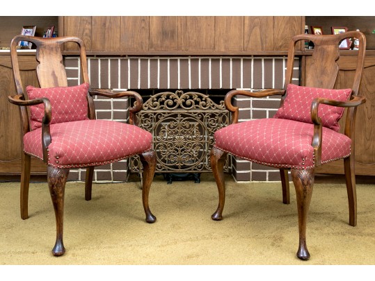 Pair Of Antique Queen Anne Style Fruitwood Armchairs