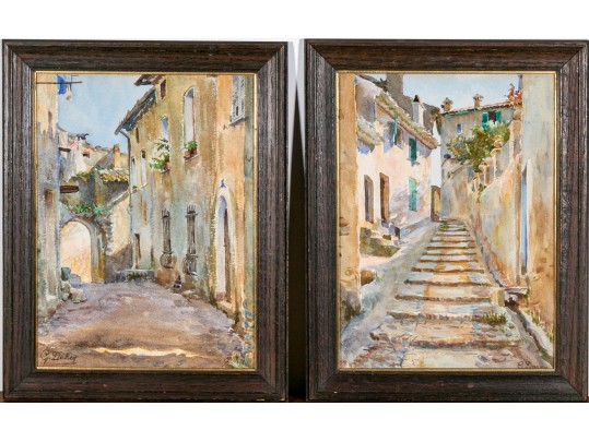 G. Darcy, Two Signed Watercolors On Paper, Mediterranean Village Streets