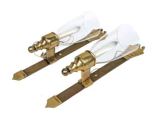 Pair Of Quality Heavy Brass And Glass Wall Sconces